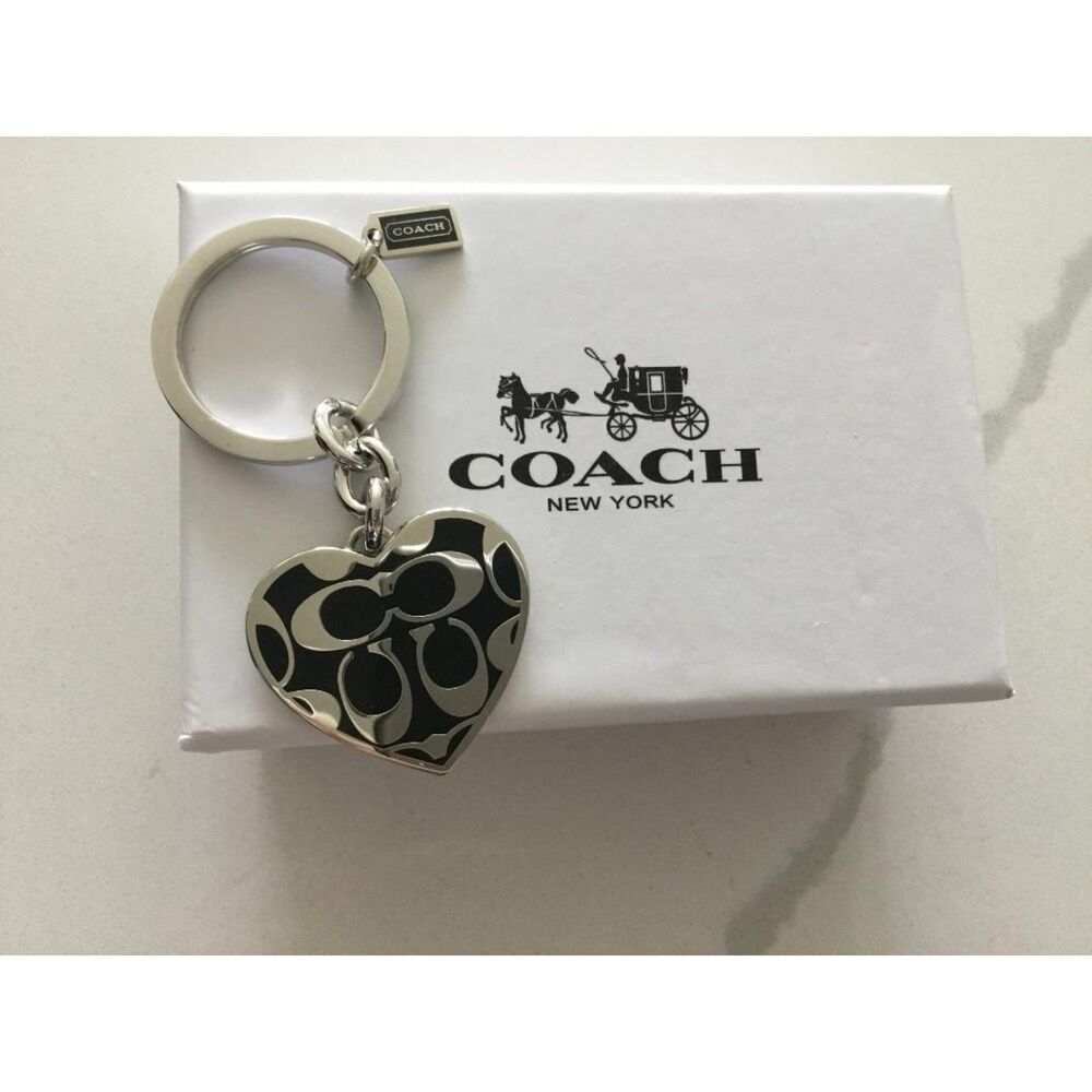 Coach Silver Heart Logo Bag Charm Key Ring with Black Enamel